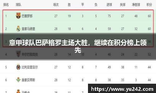 意甲球队巴萨格罗主场大胜，继续在积分榜上领先